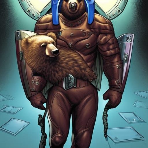 Bear Superhero Shield Man in Comic Book Art
