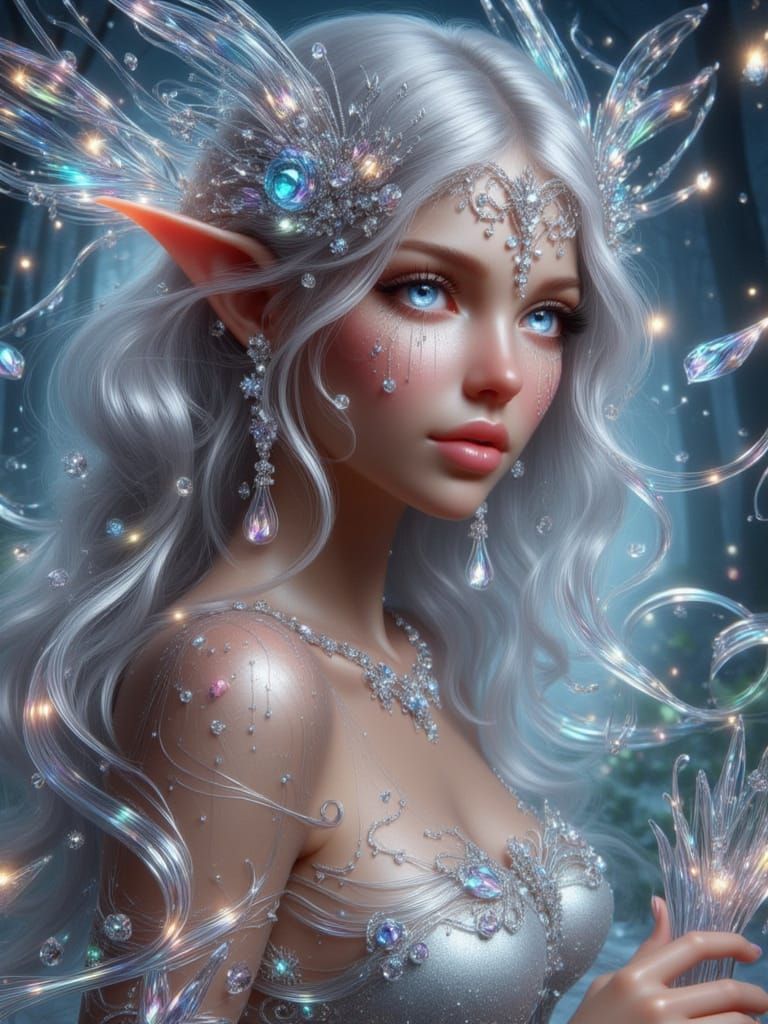 Elegant Elf with Crystal Tears in Enchanted Forest
