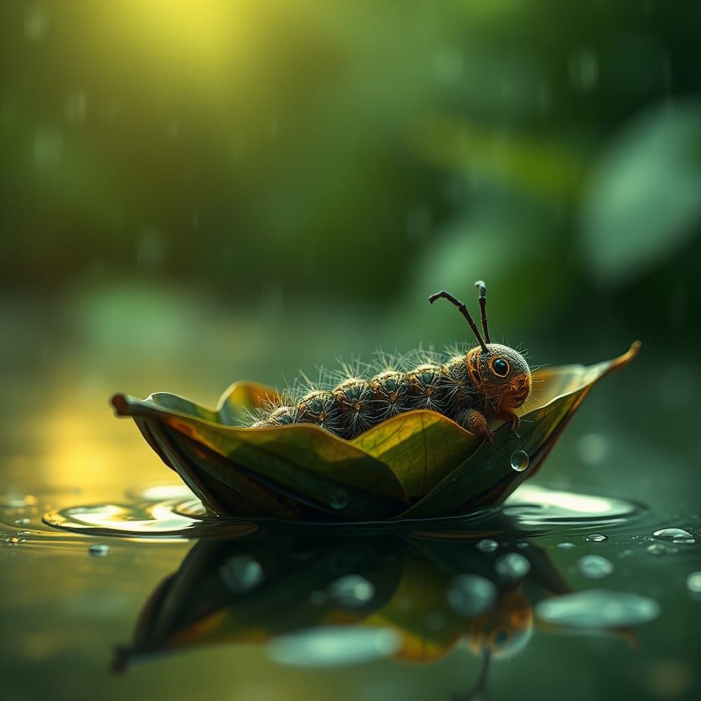 Majestic Caterpillar in Leaf Boat