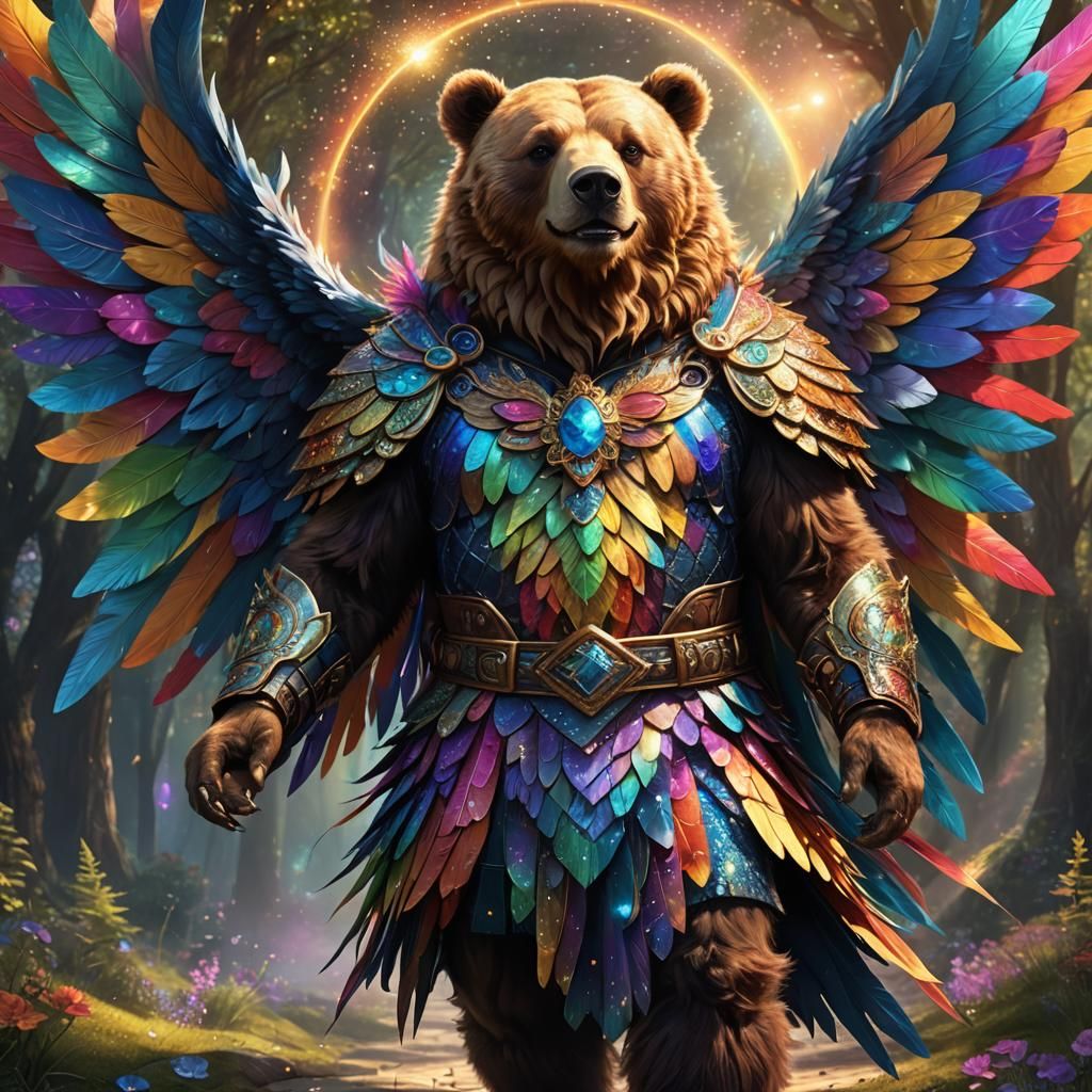all vibrant freaky rainbow sparkle wings on an anthropomorphic freaky rainbow male fairy-Bear God in a loin Kilt freaky ...