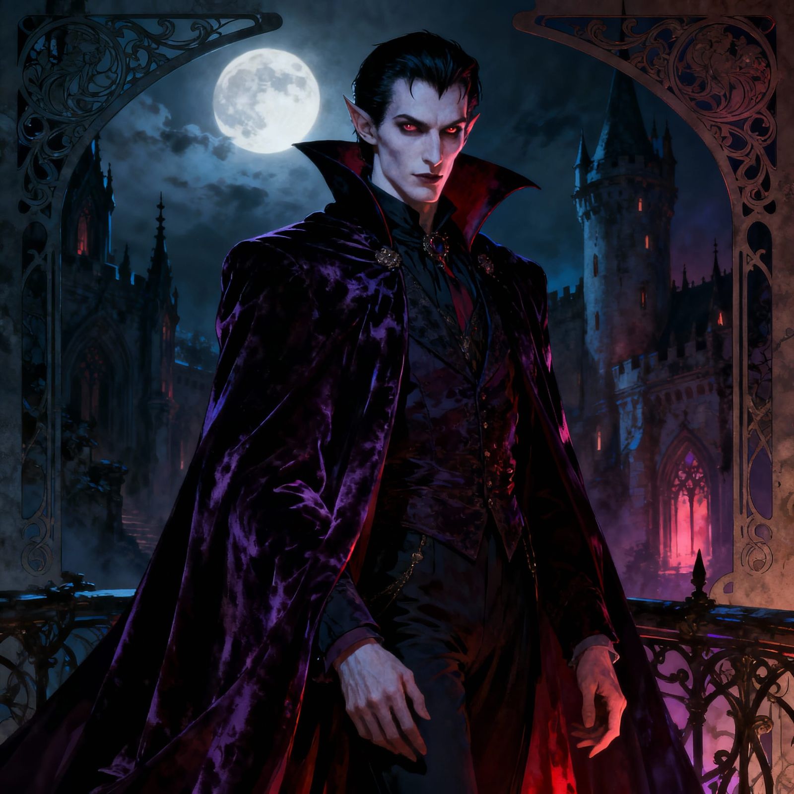 Impeccable Vampire in Moonlit Gothic Castle