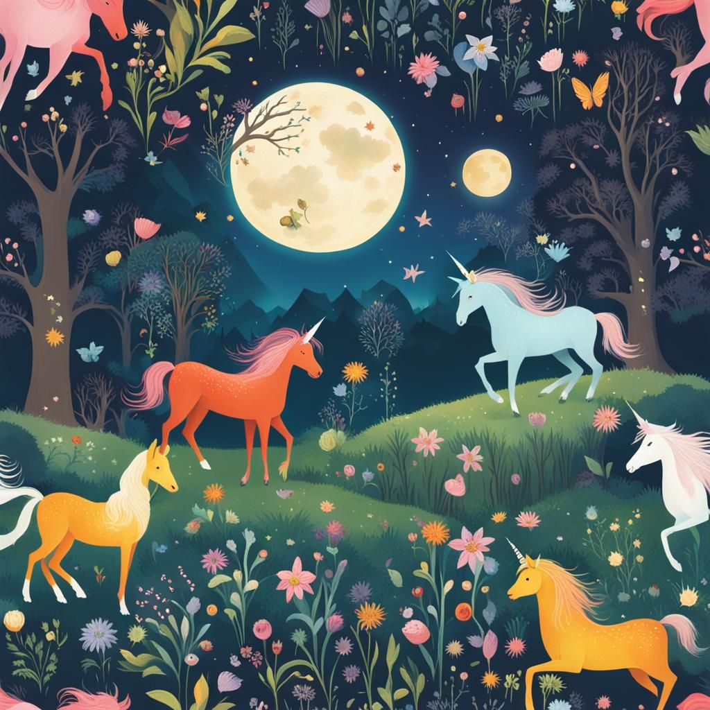 Magical Creatures Gather in Whimsical Meadow