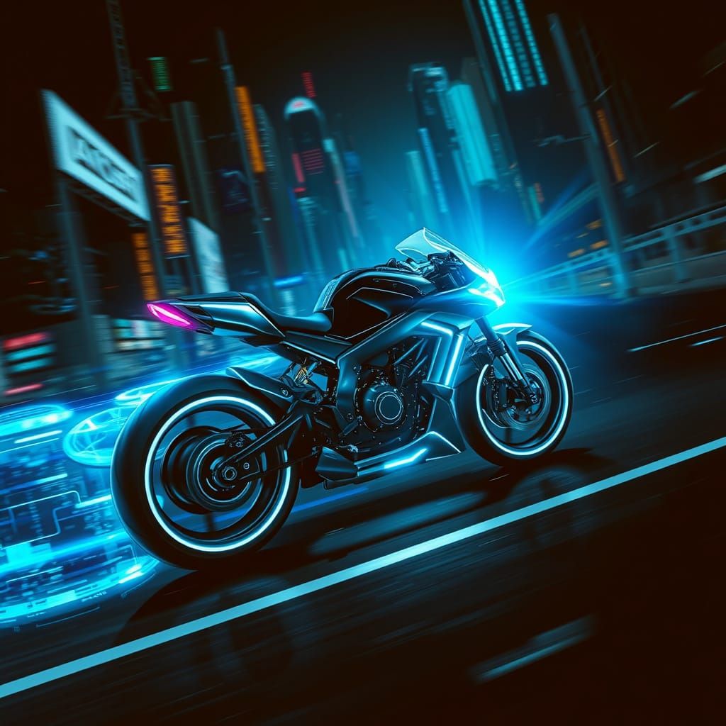 Futuristic Tron Motorcycle Speeds Through Neon Cityscape