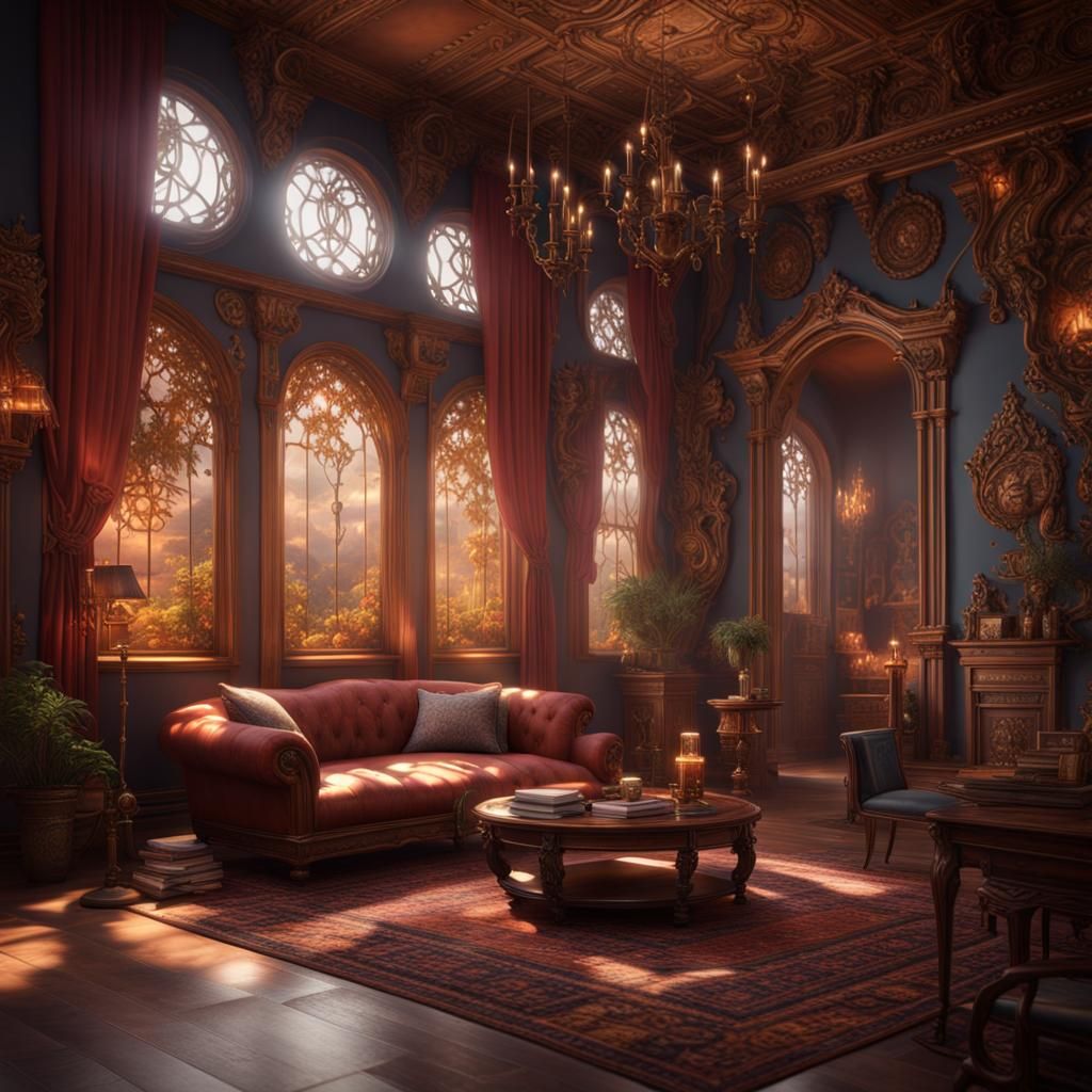 Poetic Living Room: Detailed Matte Painting in 8k