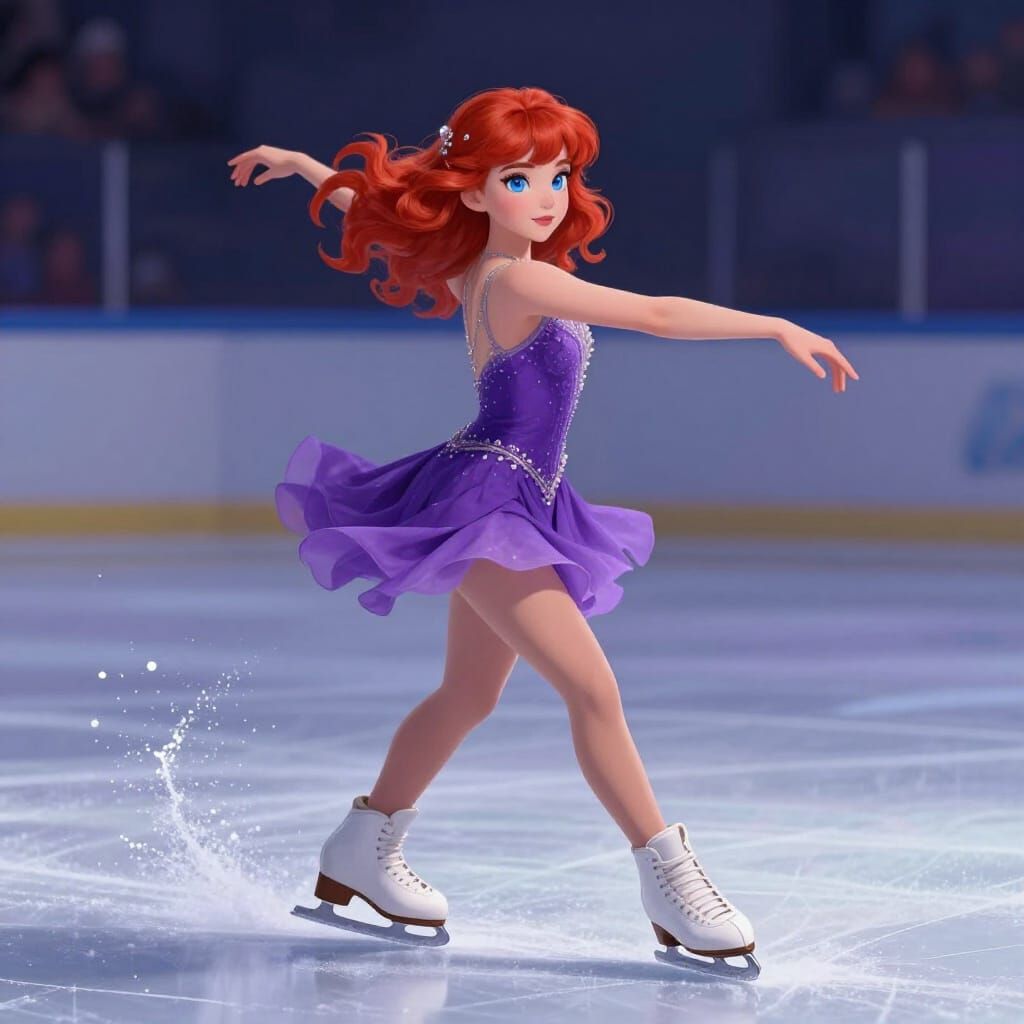 Red-Haired Figure Skater Spins in Fantasy Art Style