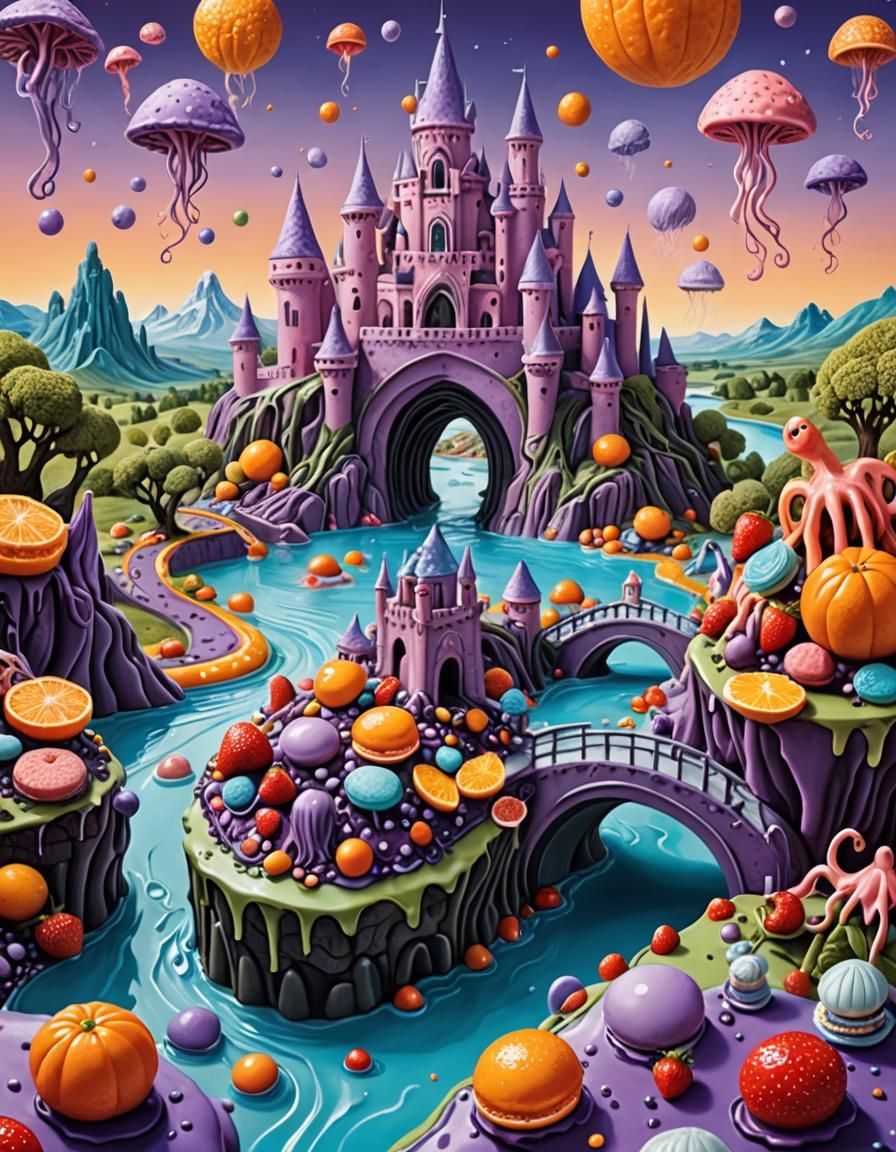 Surreal Alien Landscape with Cake River and Knight