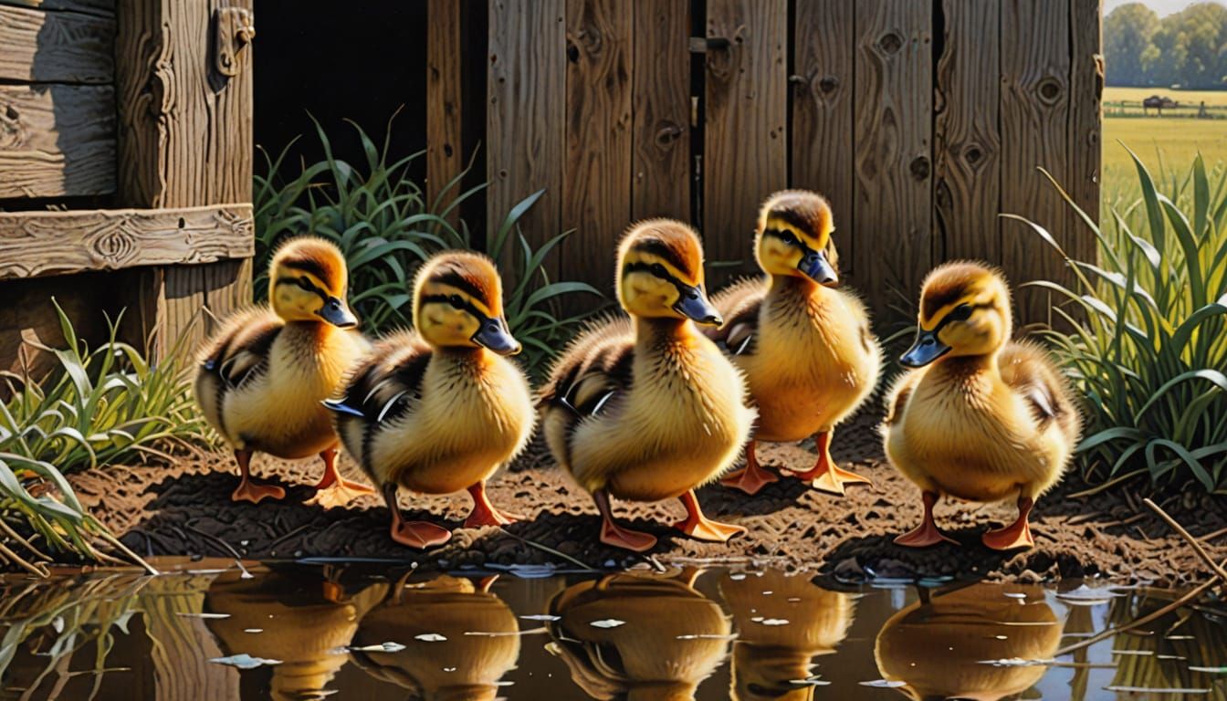 Quacking Baby Ducks in a Vibrant Watercolor Landscape