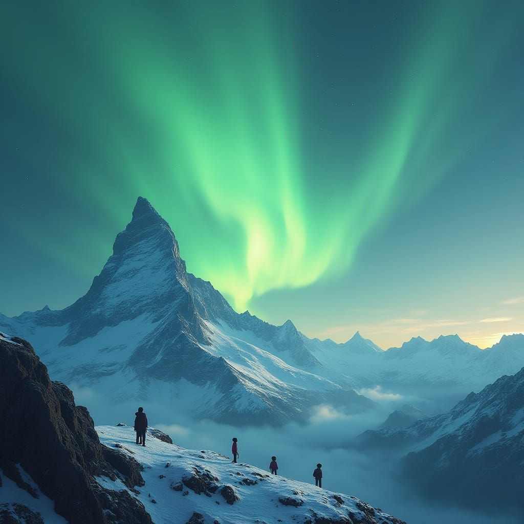 Alien Observers Watch Luminous Sky Over Snowy Mountains