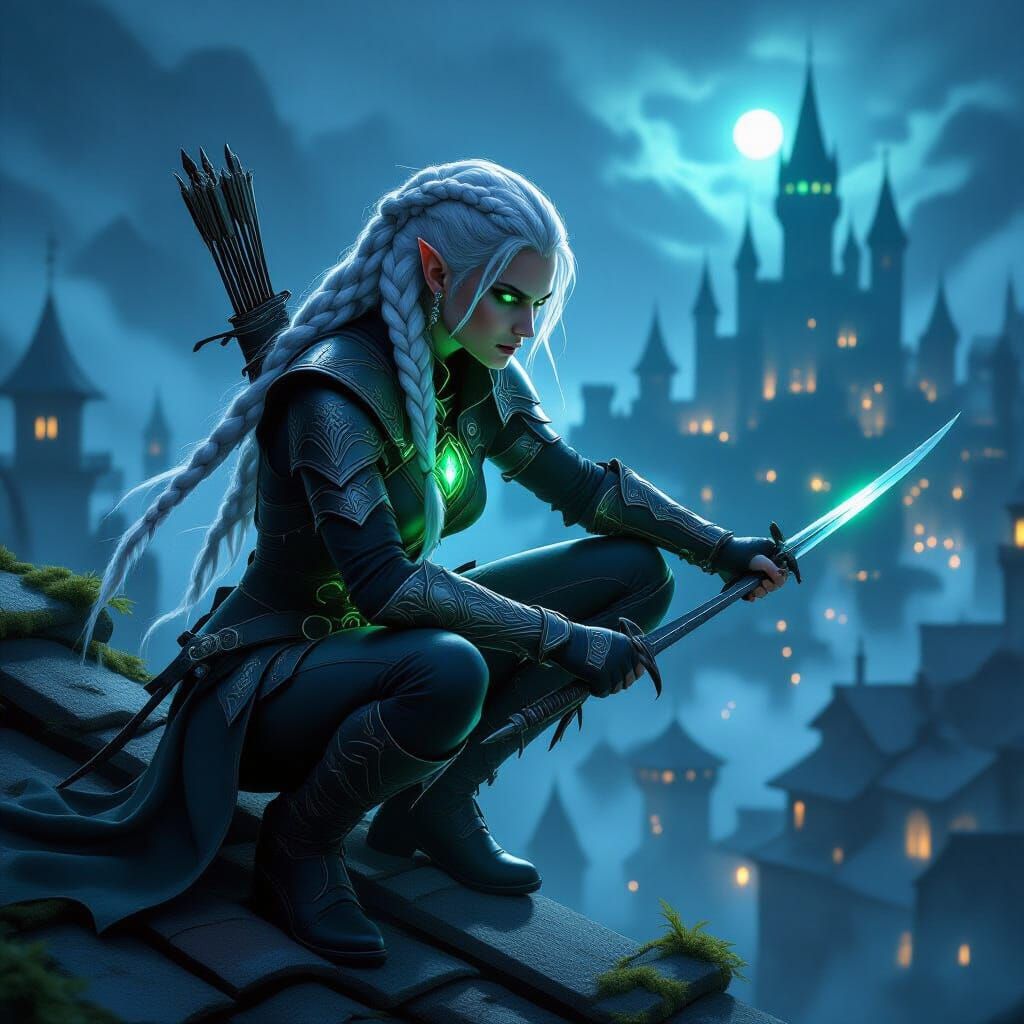 Elven Rogue on Mossy Rooftop, Emerald Glow