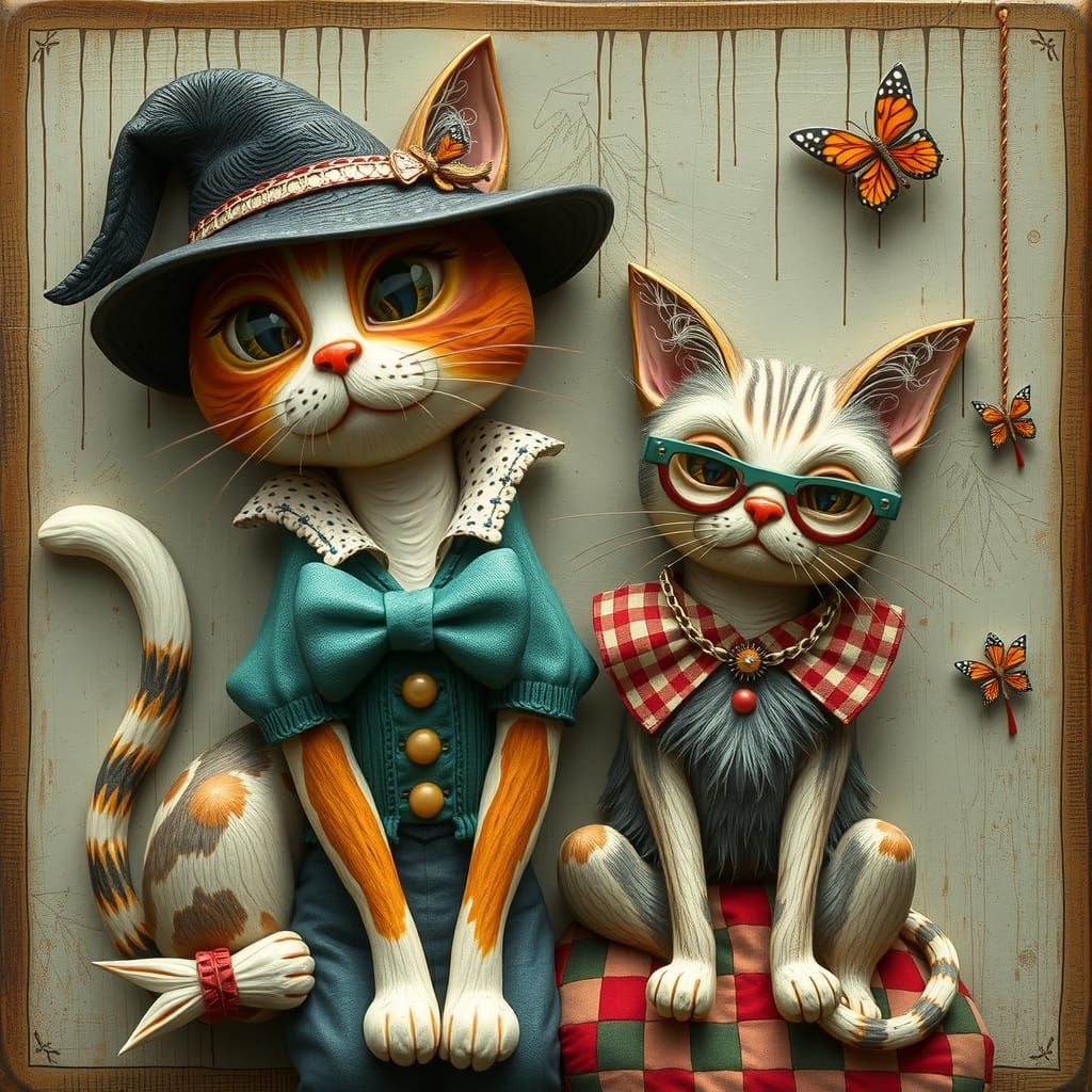 Whimsical Cats in Clothes: Folk Art Masterpiece
