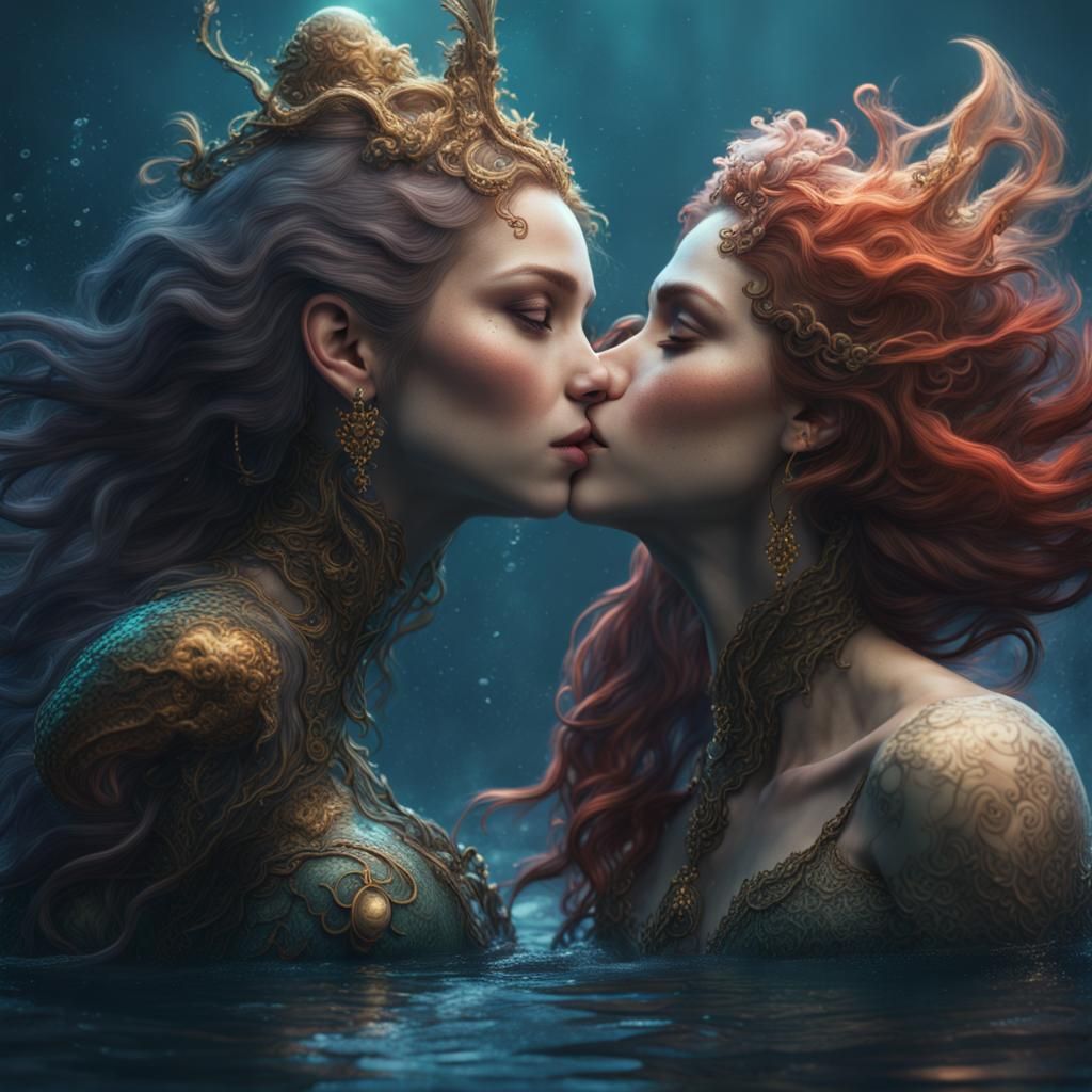 Two Mermaids Kissing in Detailed Matte Painting