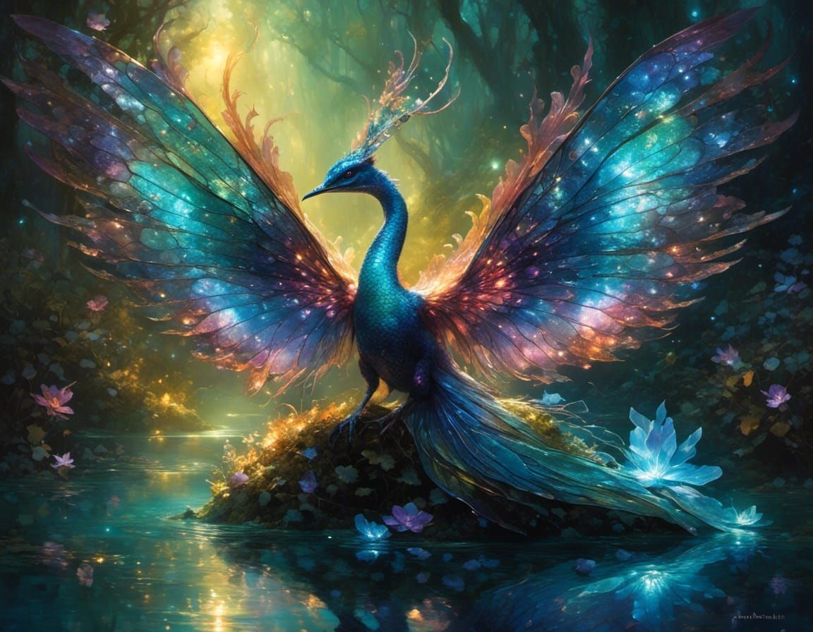 Iridescent Creature Rising from Bioluminescent Lake