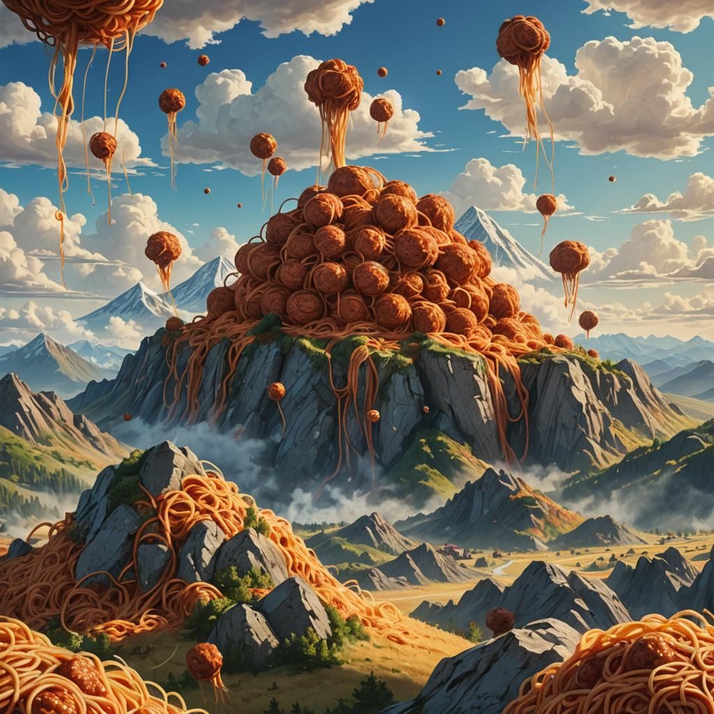 Surreal Spaghetti and Meatball Mountain Landscape