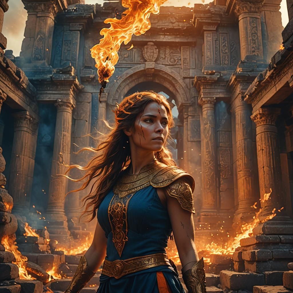 Fire Goddess in Ancient Temple: Digital Art