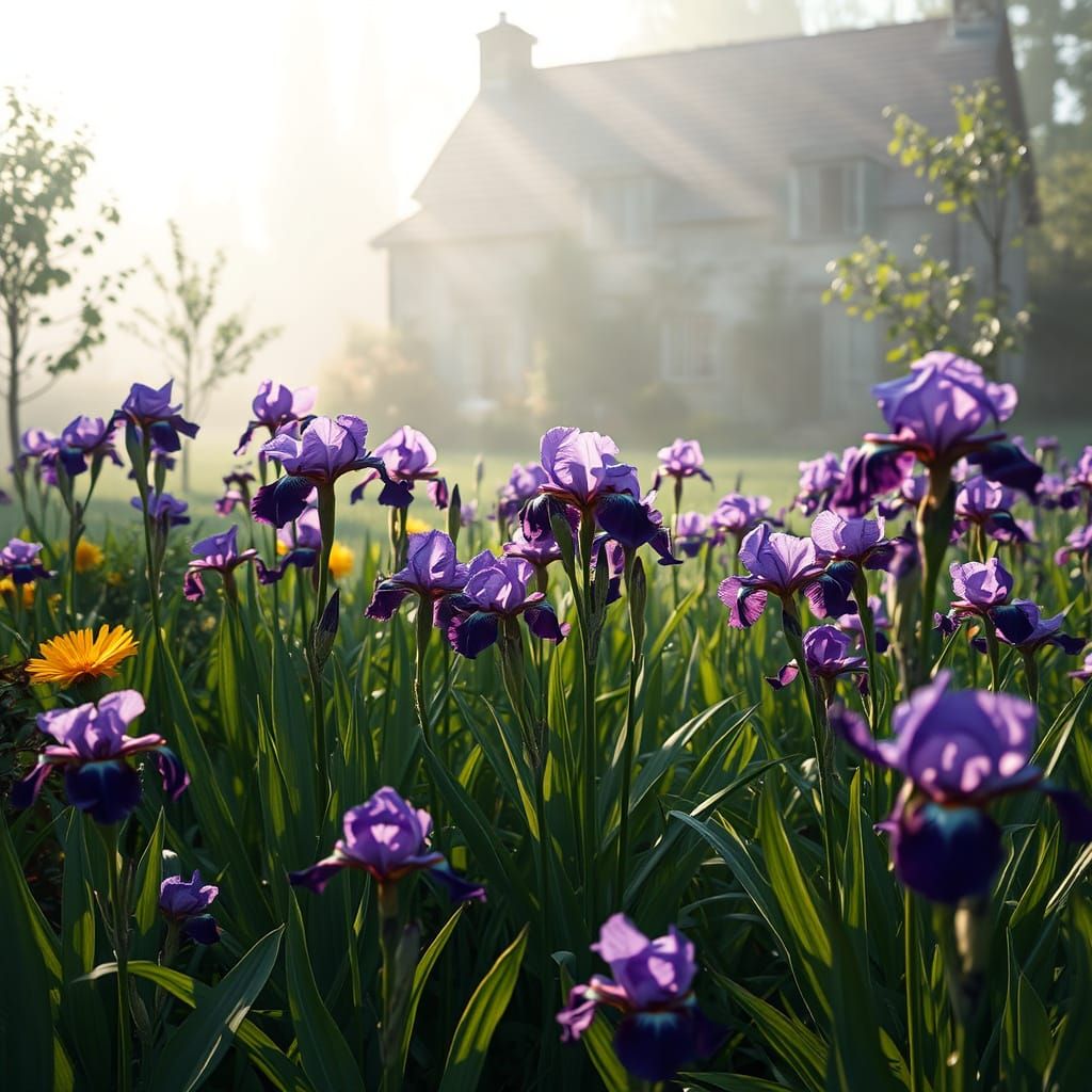 Serene Iris Garden with House in Impressionistic Style