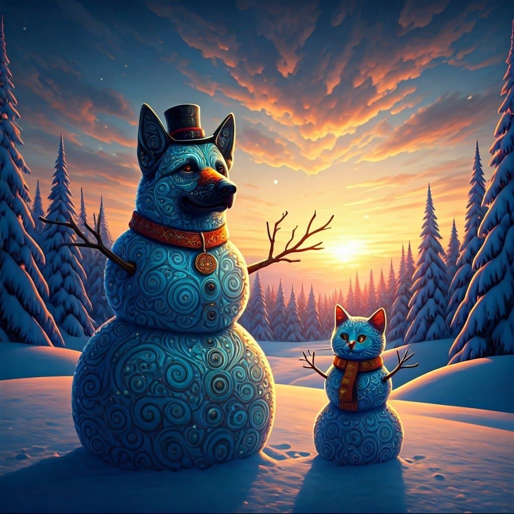 Surreal Winter Wonderland with German Shepherd and Kitten Sn...