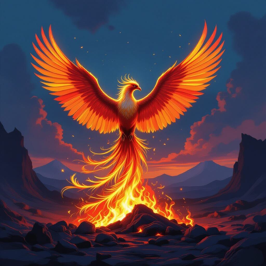Majestic Phoenix Rises from Embers in Dramatic Painterly Sty...