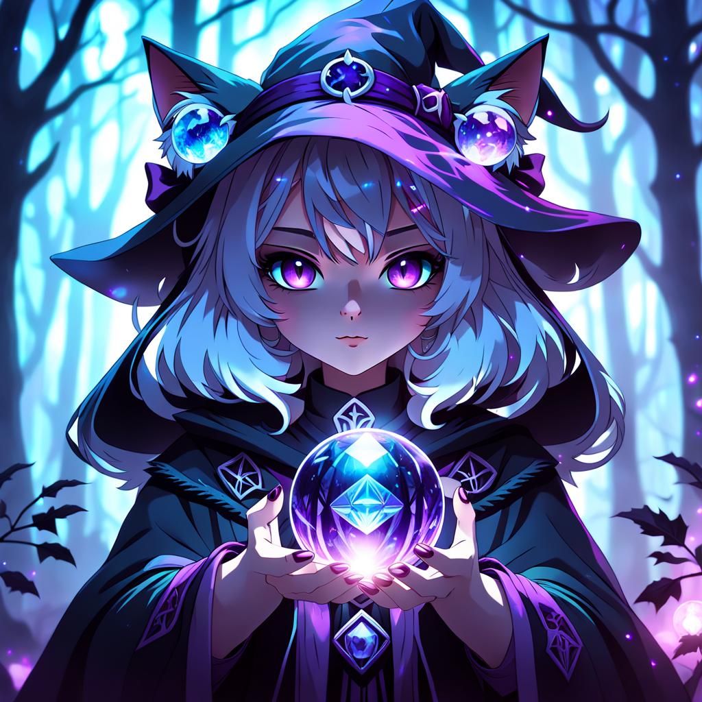 Cyber Gothic Anime Cat Girl in Mystic Forest