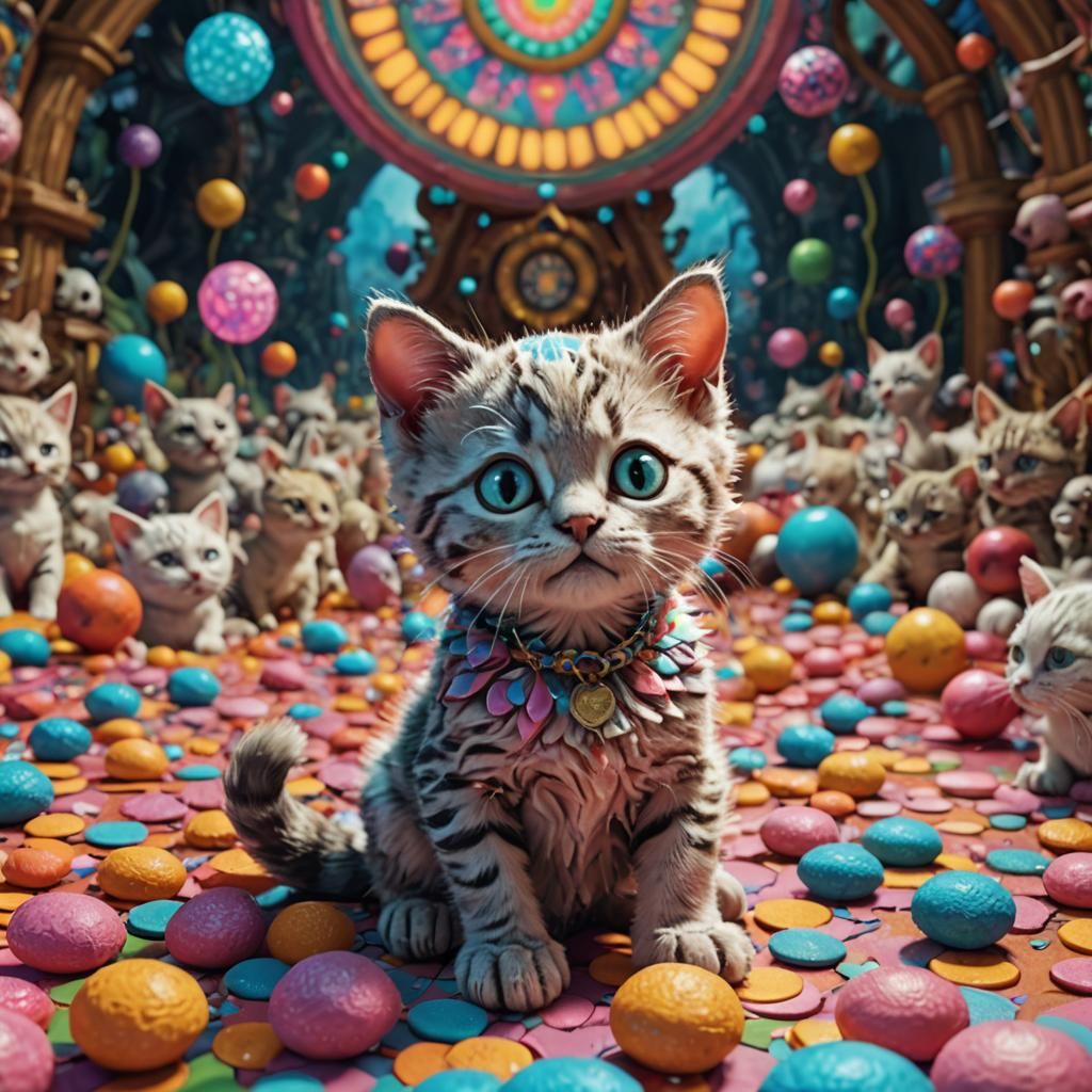 Psychedelic Kitten in Wonderland: 3D CGI Art