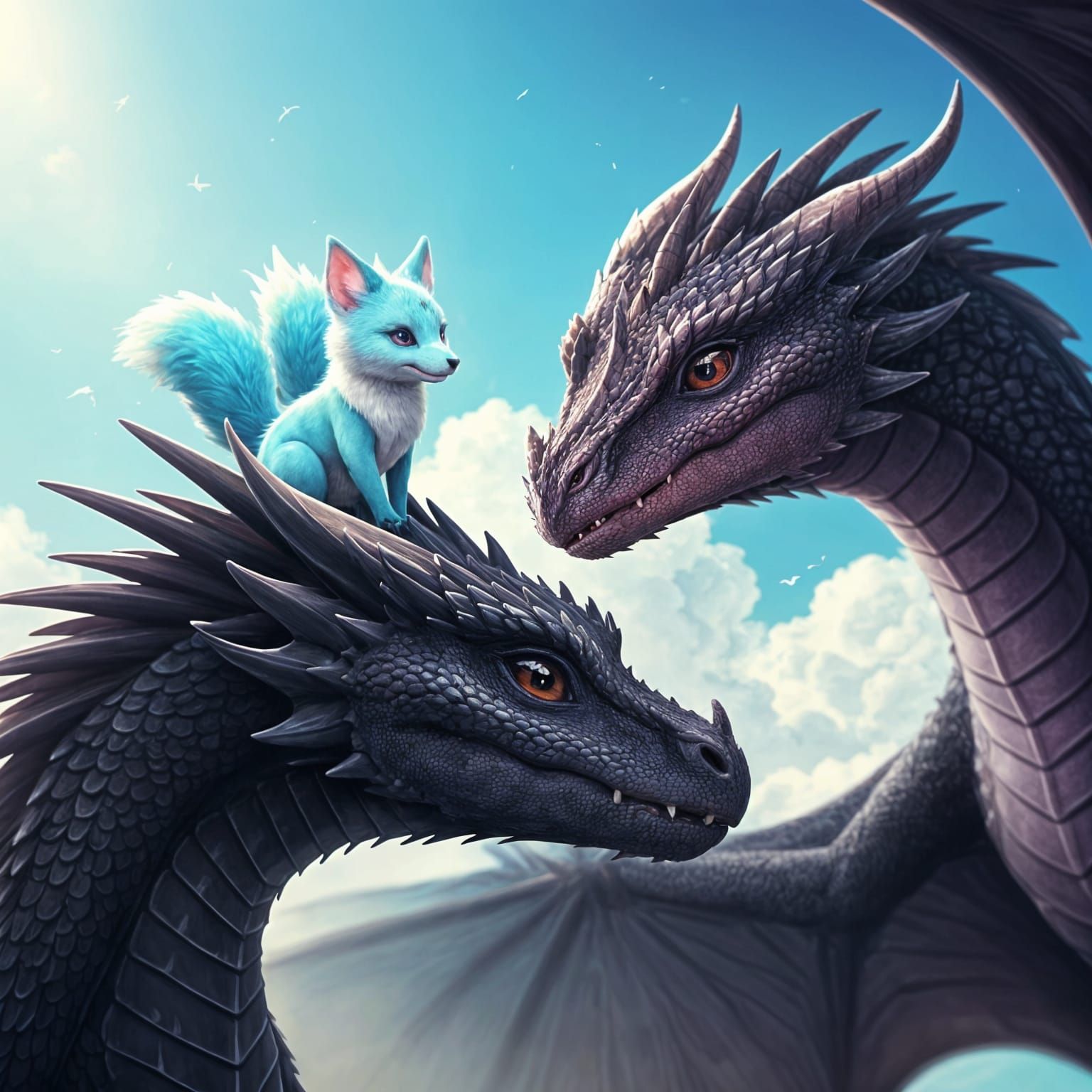 Realistic Chubby Dragons Soar Through Whimsical Fantasy Skie...
