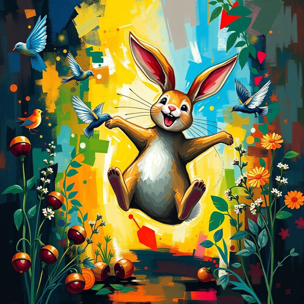 Joyful Rabbit Leaping in Abstract Garden