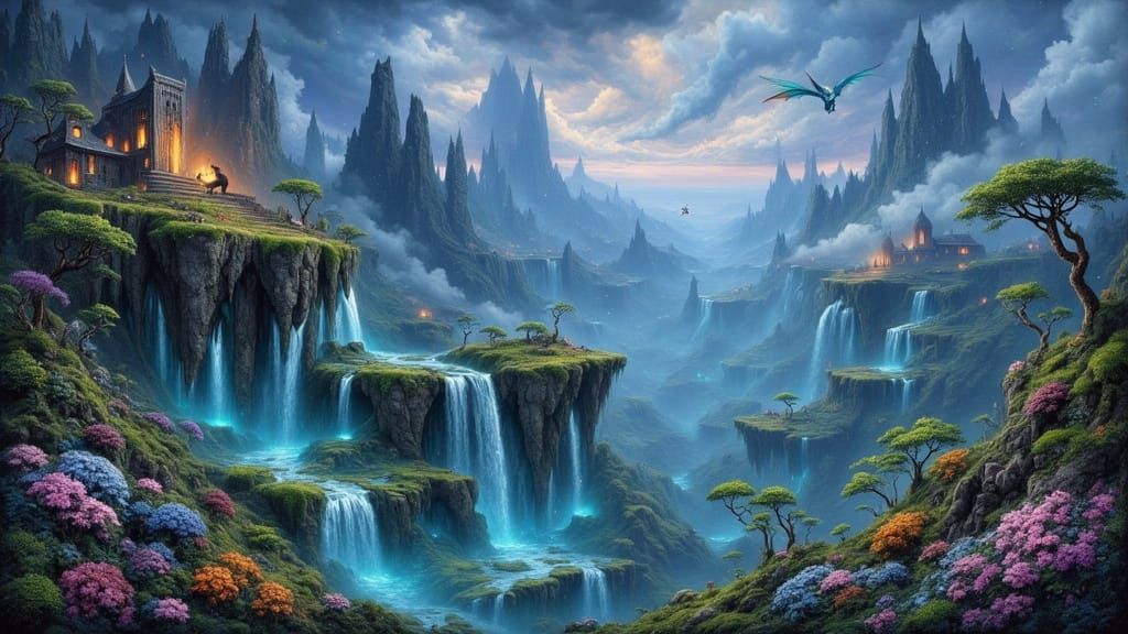 Fantasy Realm Floating Islands with Crystal Tower and Dragon...