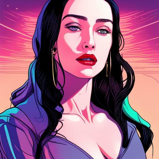 Cyberpunk Woman in Starry Sky, Digital Art