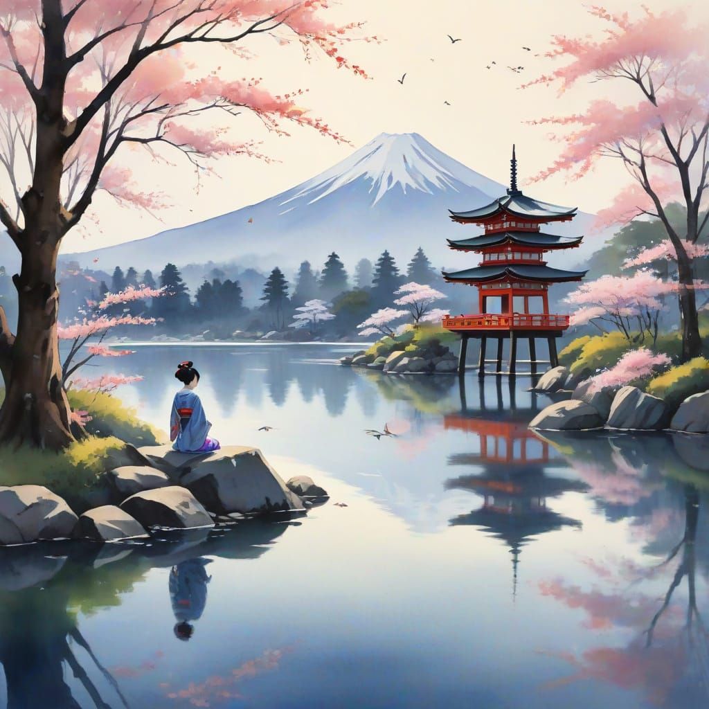 Serene Geisha Dance within Enso Circle amidst Cherry Blossom...