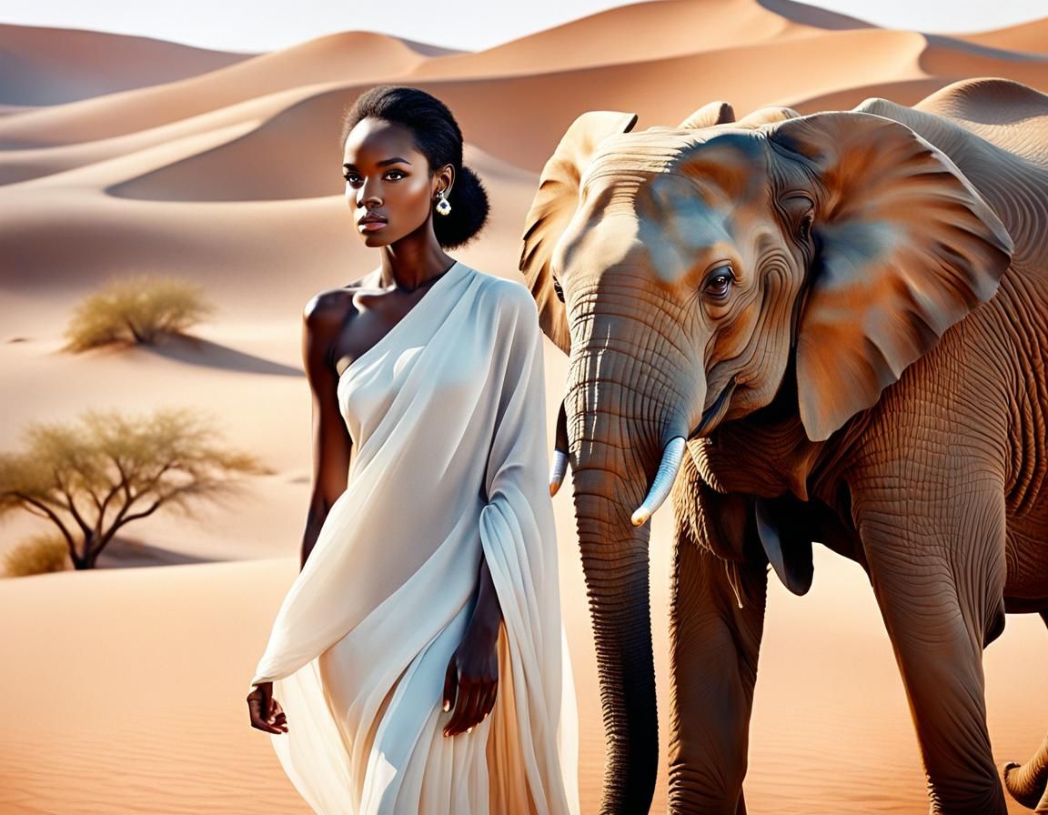 Model and Elephant in Desert Watercolor