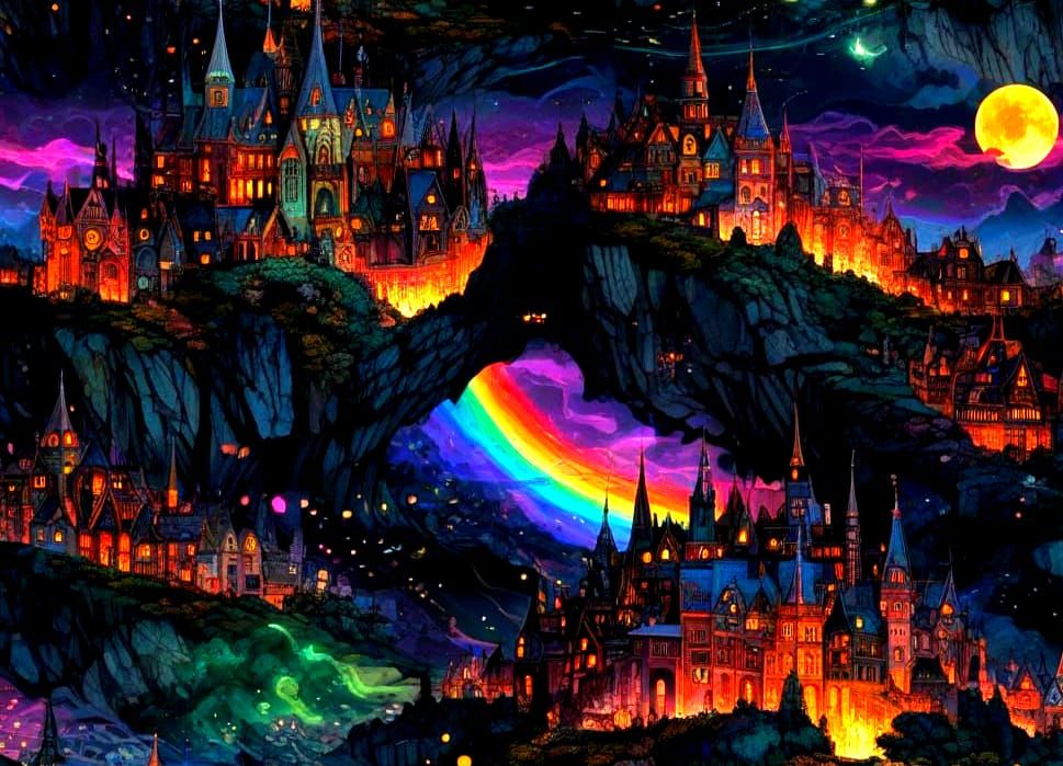 Gothic Nocturnal Fantasy Landscape with Rainbow Nebulas