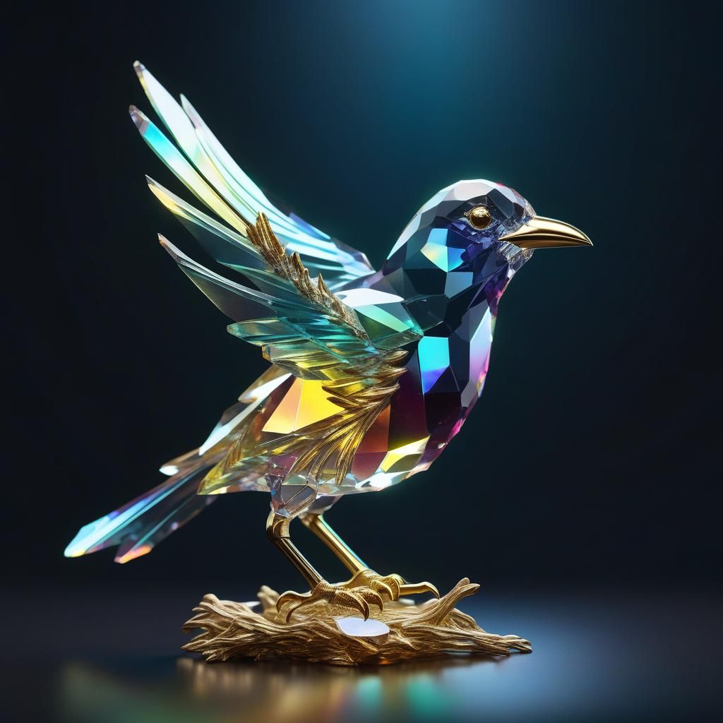 Glowing Crystal Bird Sculpture on Gold Branch