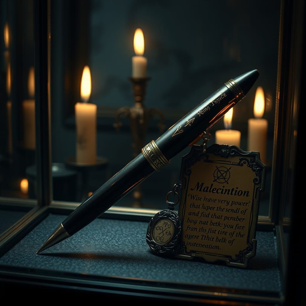 Cursed Pen in Vitrine with Eerie Candlelight
