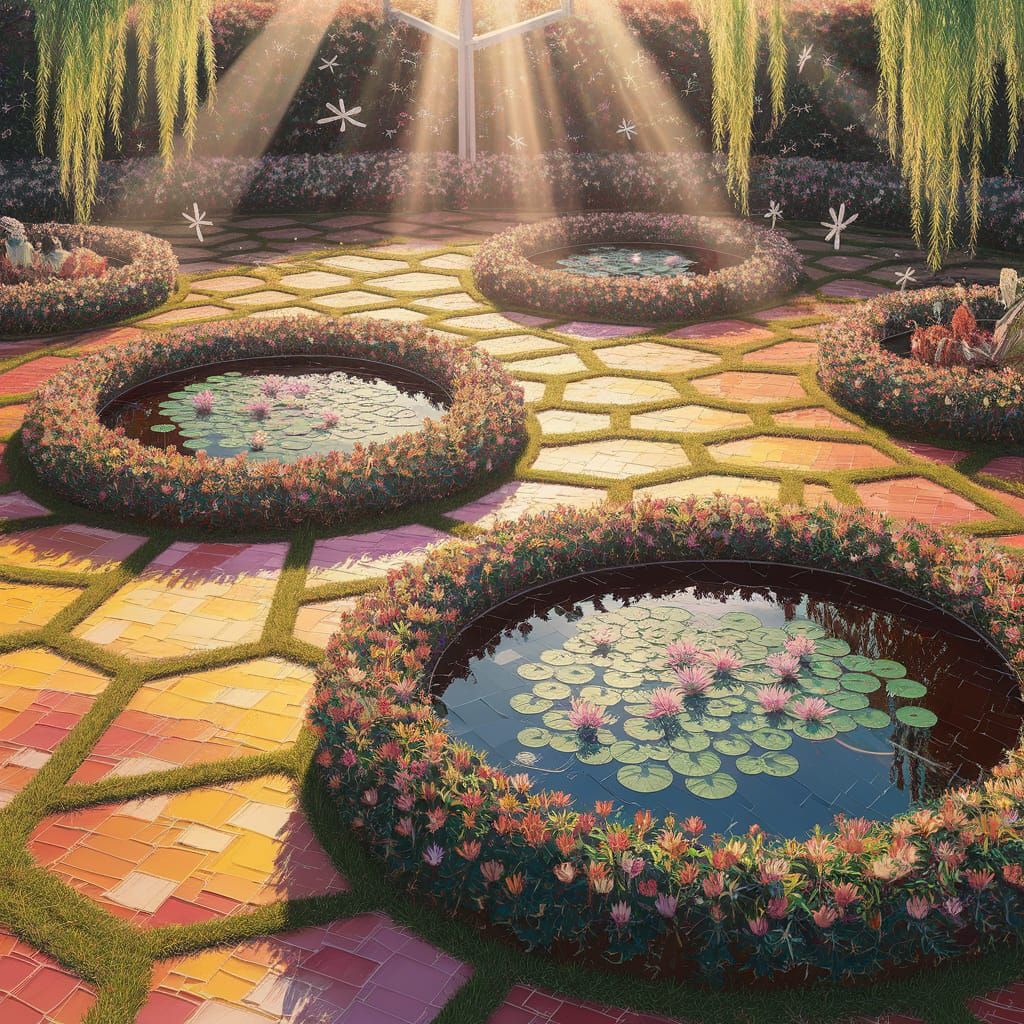 Tranquil Garden with Water Lilies in Neo-Impressionist Style