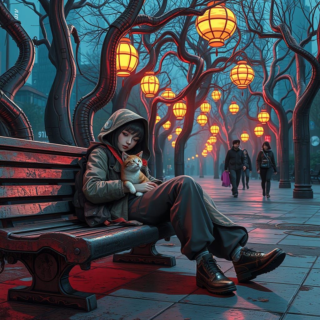 Dystopian Slumber: Woman Sleeps in Cyberpunk Park