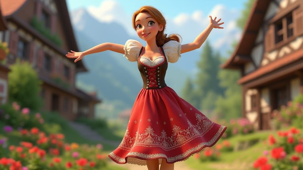 Vibrant Bavarian Maiden Dances in Whimsical Alpine Village