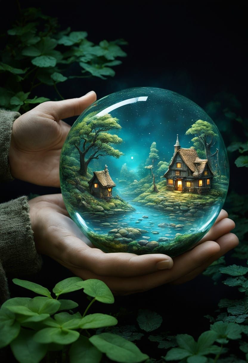 Whimsical Village in Emerald Forest, Glowing with Ethereal L...