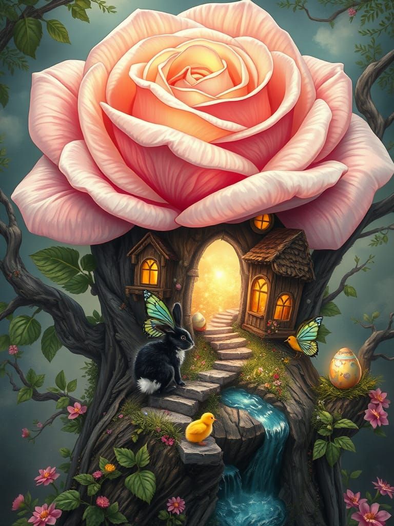 Enchanted Fairy Village Under Giant Rose, Fantasy Art