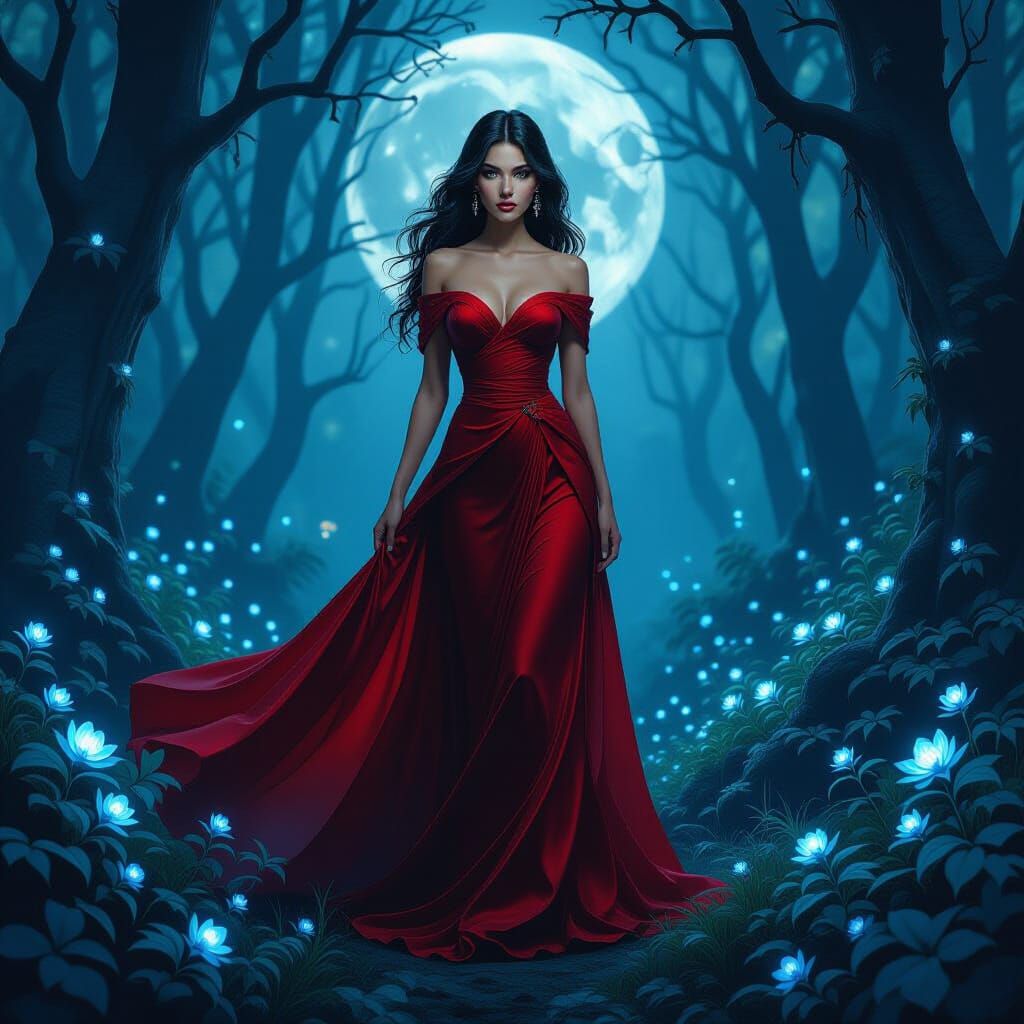 Crimson Gown Woman in Moonlit Bioluminescent Forest