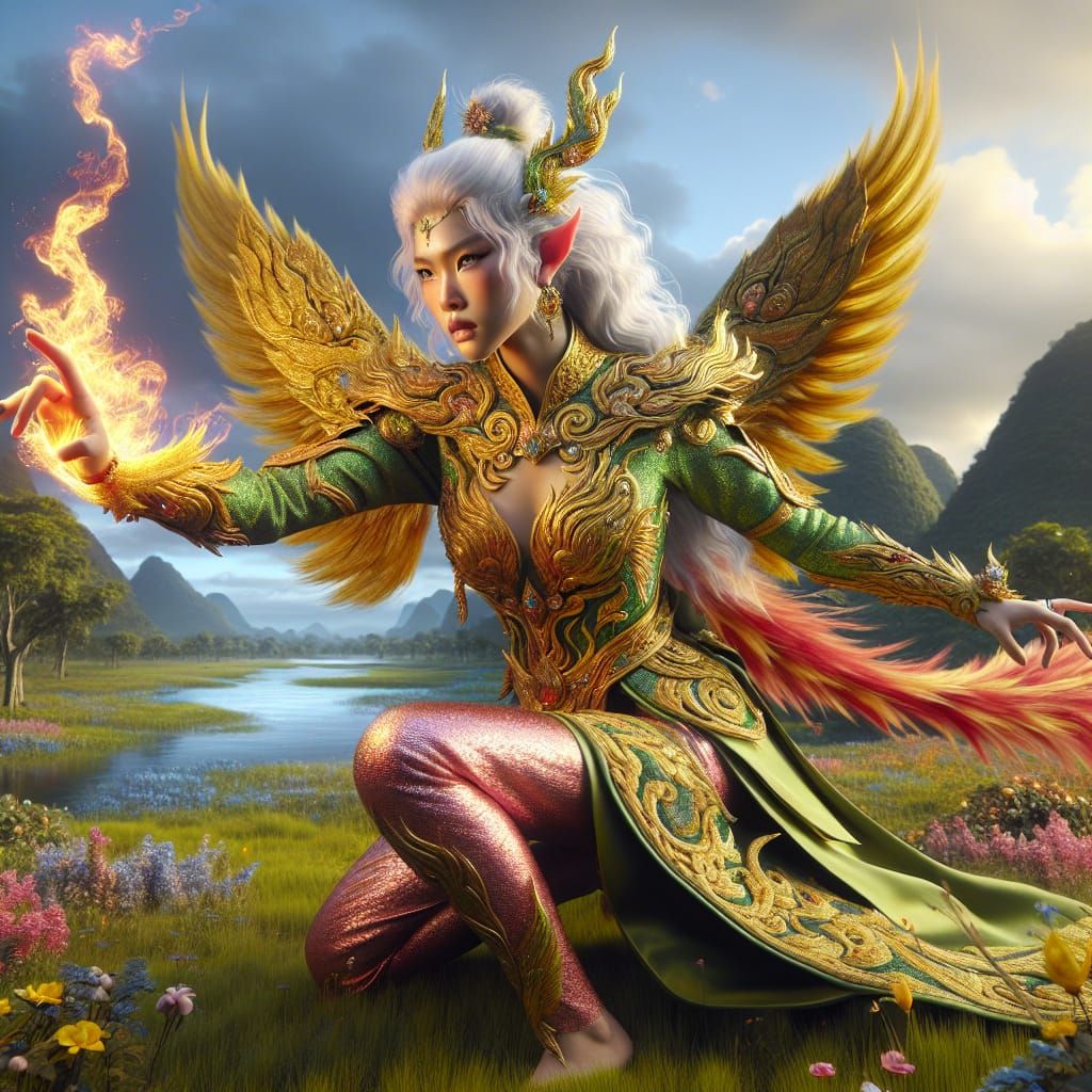 Thai Phoenix Woman in Lush Landscape