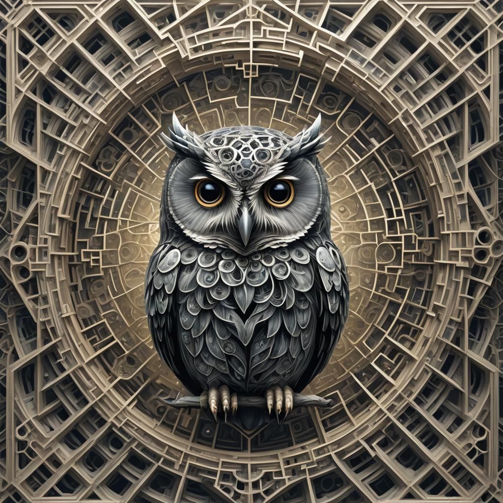 Crystalline Owl Navigating Fractal Maze in Digital Art