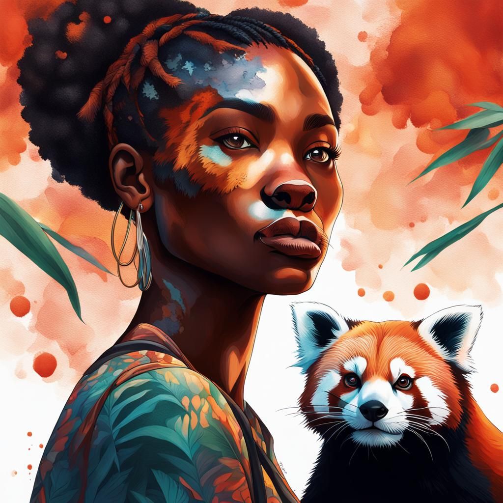 Hyperrealistic Portrait of Woman with Red Panda Tattoo