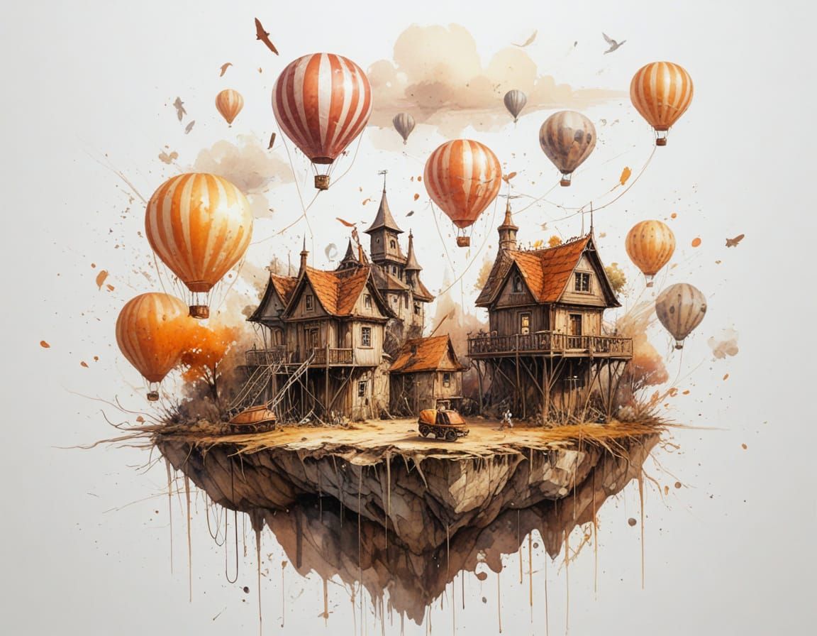 Floating Island Village Held by Balloons in Sunset