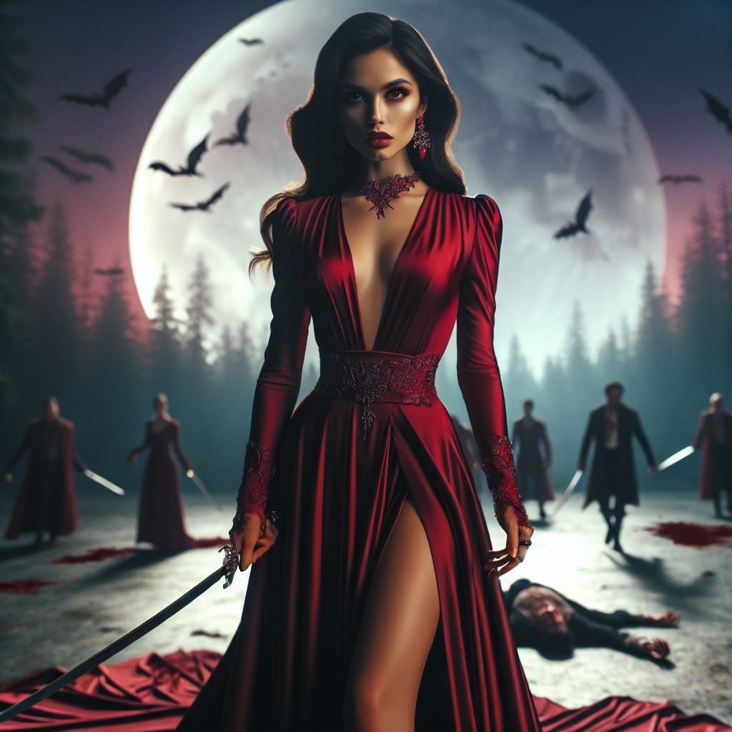Vampire Hunter in Crimson Dress Under Blood Moon