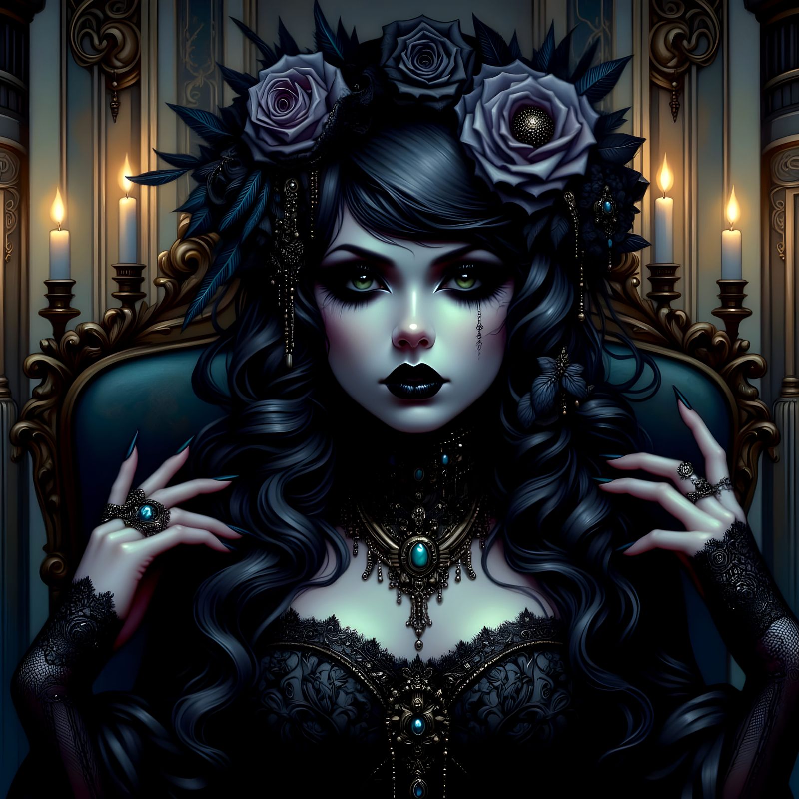 Goth Woman with Green Lips and Blue Jewelry