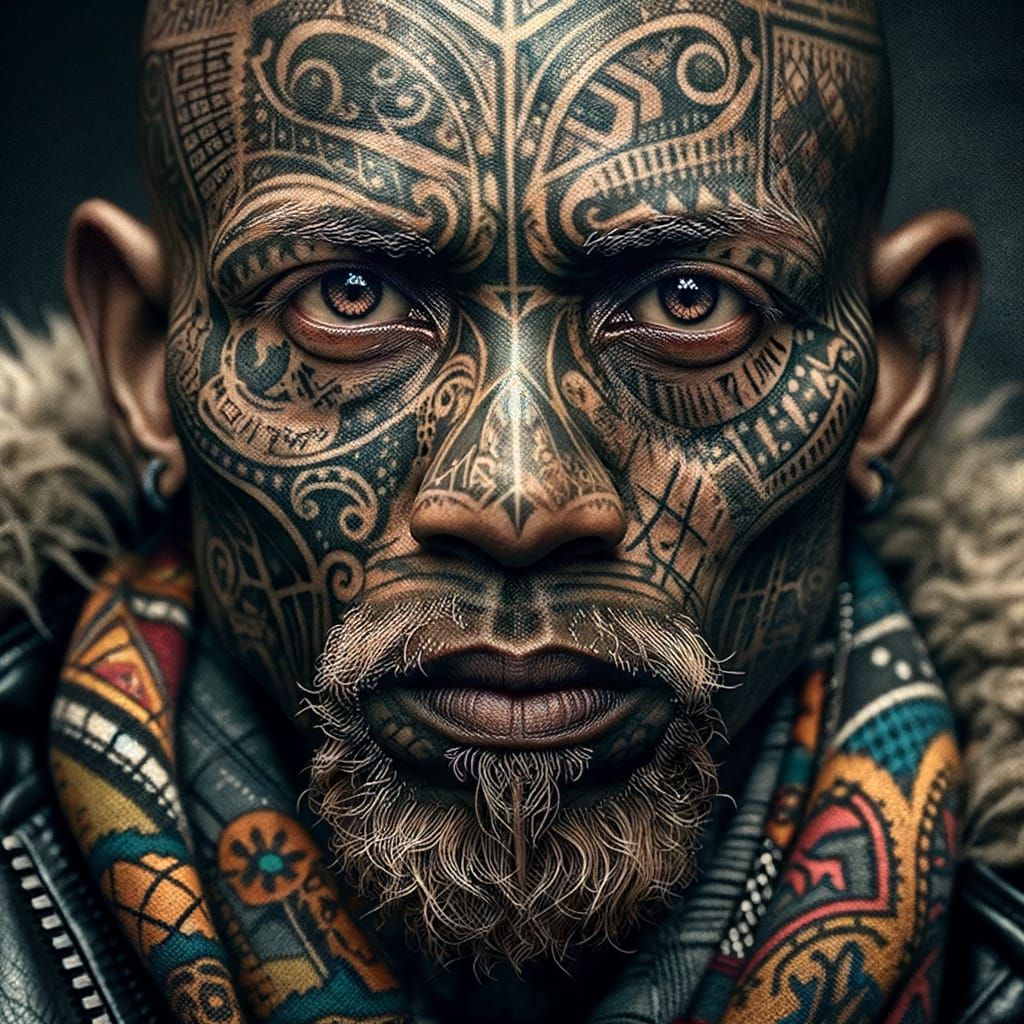 Stern South African Gangster with Intricate Tribal Tattoos