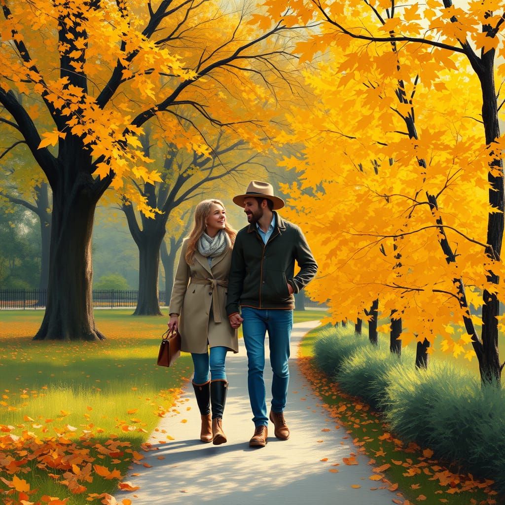 Couple Strolling Through Autumn Park in Impressionist Style