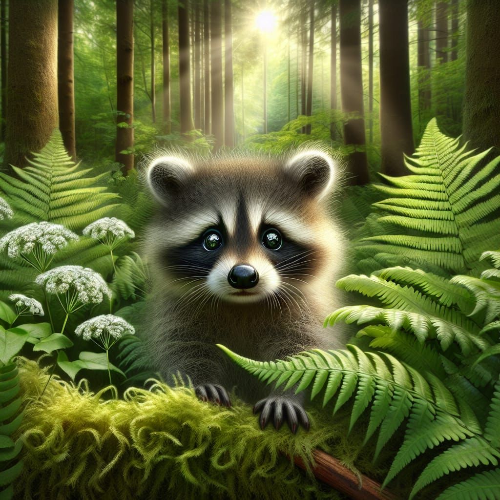 Majestic Baby Raccoon Amidst Serene Forest Scene