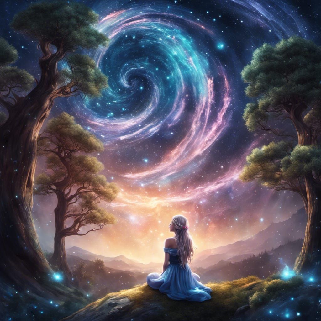 Elf Girl Gazing at Galactic Nebula Sky