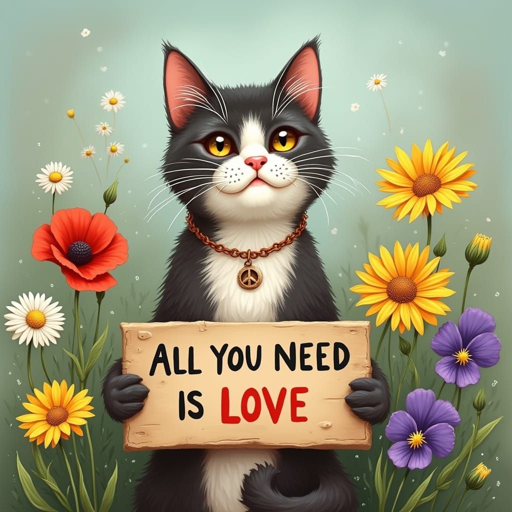 Cat with Peace Necklace in Flower Garden