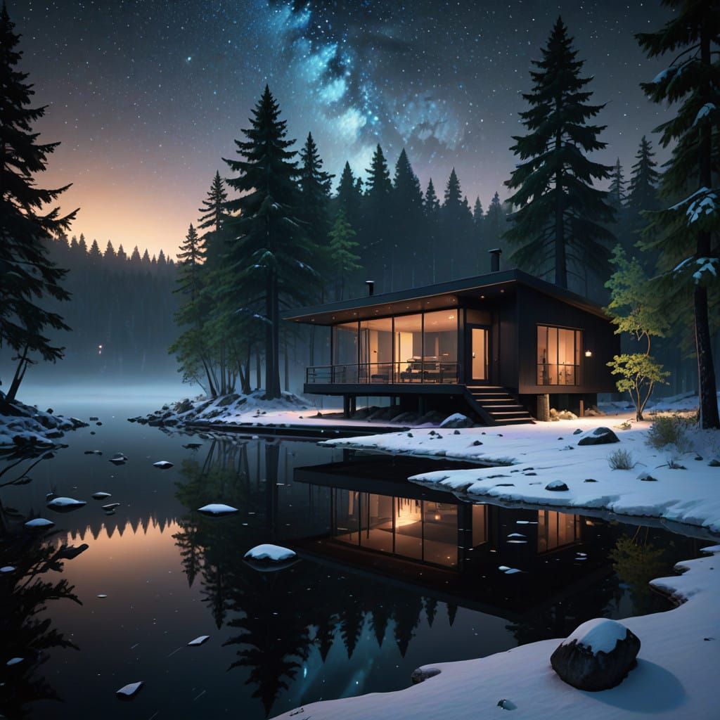 Modernist Lake House Cabin Under Starry Night Sky